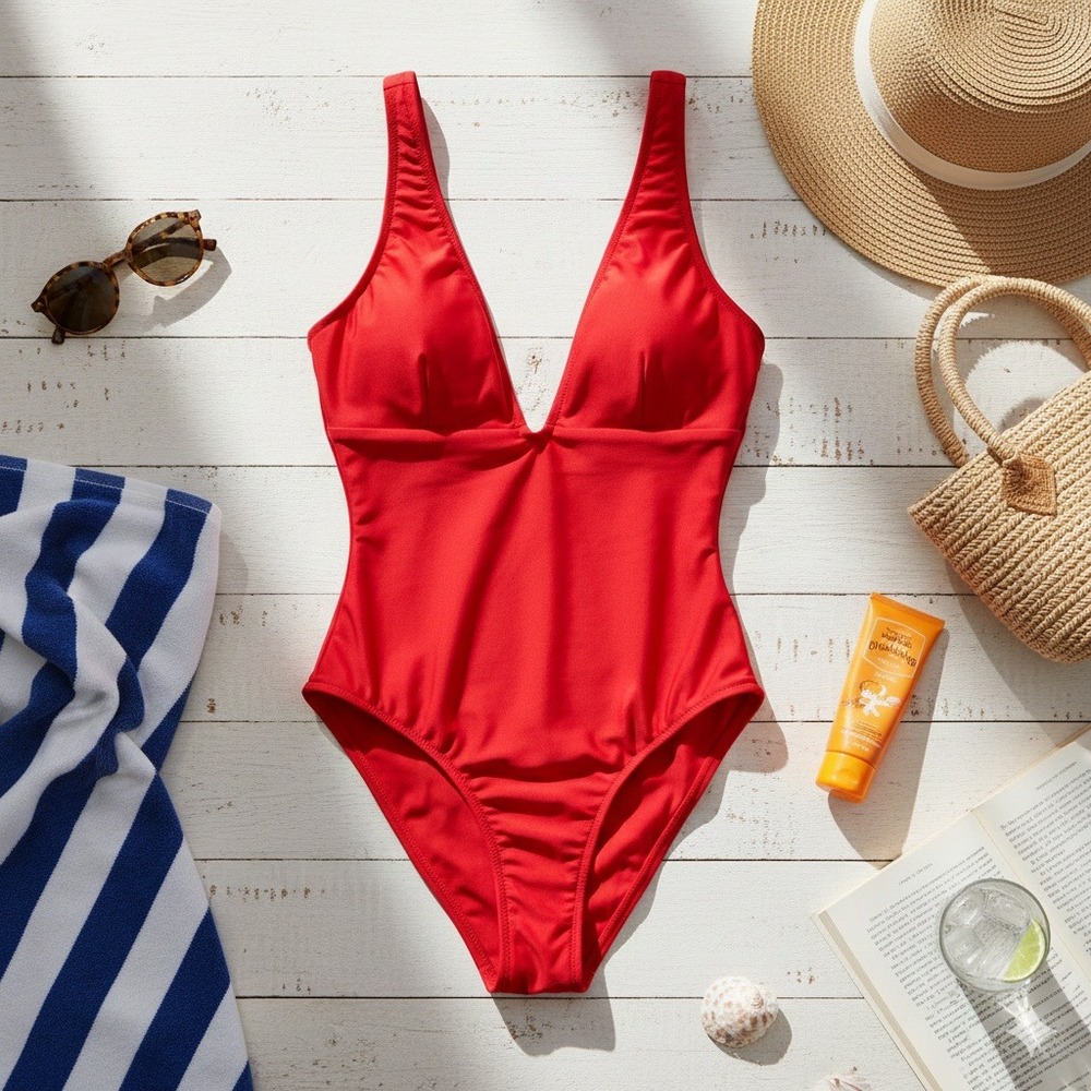 Red Plunge‎ Neck One Piece Swimsuit Bathing Suit Sexy Summer Style